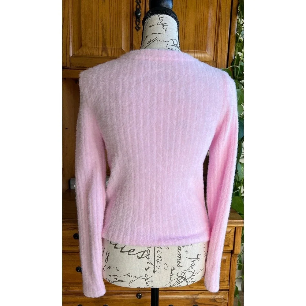 Justice Girls Rose Pink Fuzzy Eyelash Knit Cardigan Sweater Rhinestone Buttons L